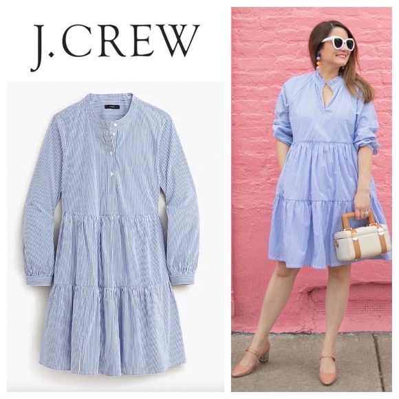 J. Crew Tiered Dress Sz Small 4 6 Blue Striped Poplin Cottage Coastal - Picture 1 of 5